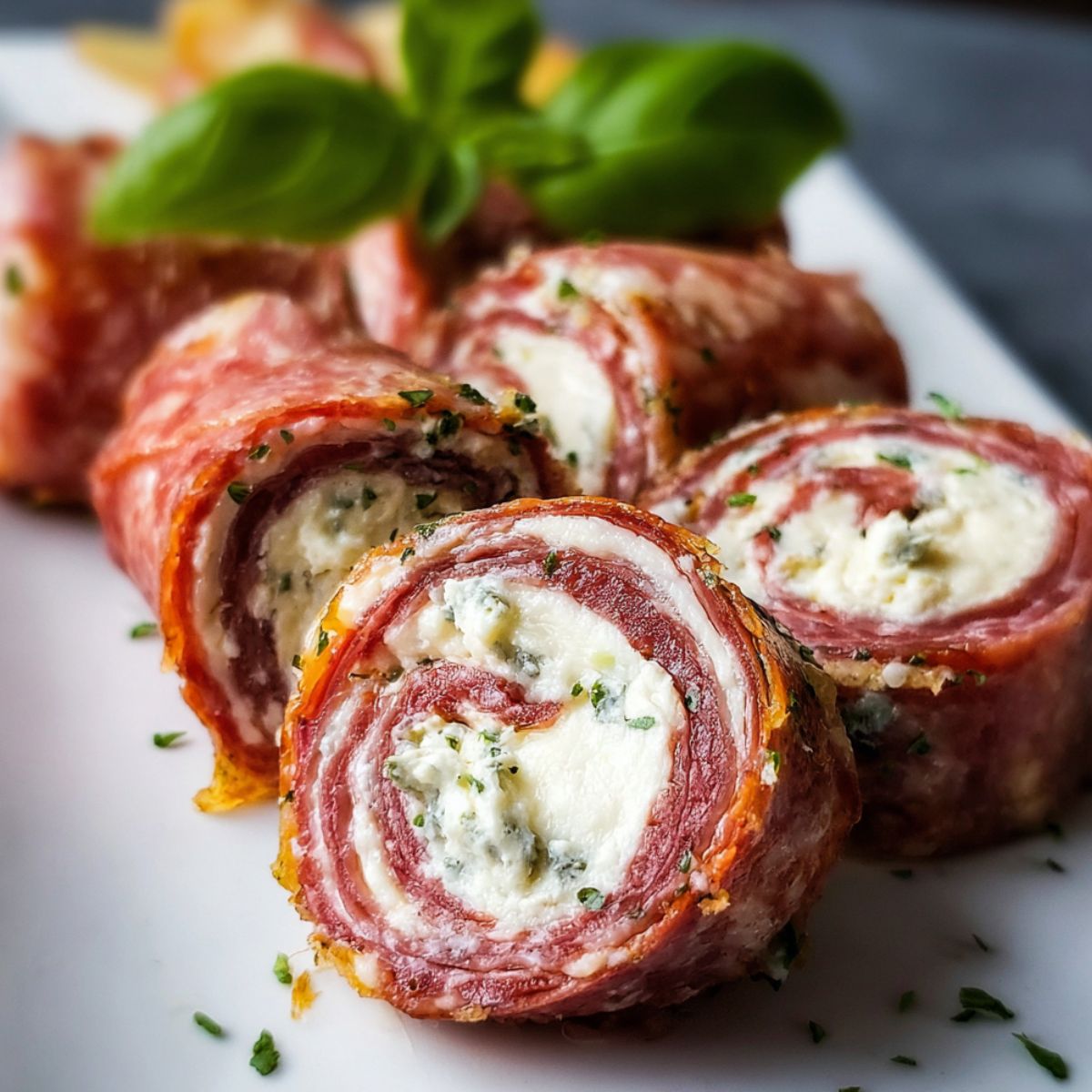 Homemade Salami Cream Cheese Roll Ups sliced into pinwheels on a white plate, garnished with herbs and fresh basil.