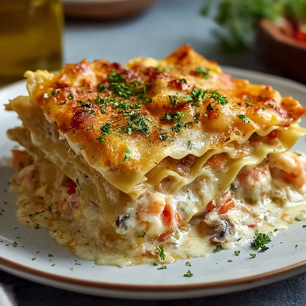 Homemade Seafood Lasagna Recipe on a white plate with golden-brown cheesy top, creamy shrimp and crab filling, mushrooms, and parsley garnish.