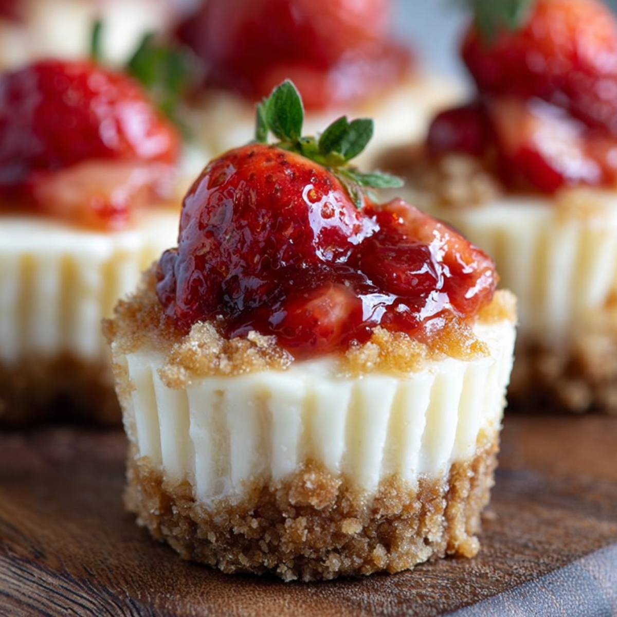 Homemade Strawberry Cheesecake Bites with crumbly graham cracker crust, creamy filling, and glossy strawberry topping with a whole strawberry piece on top, on a wooden board.