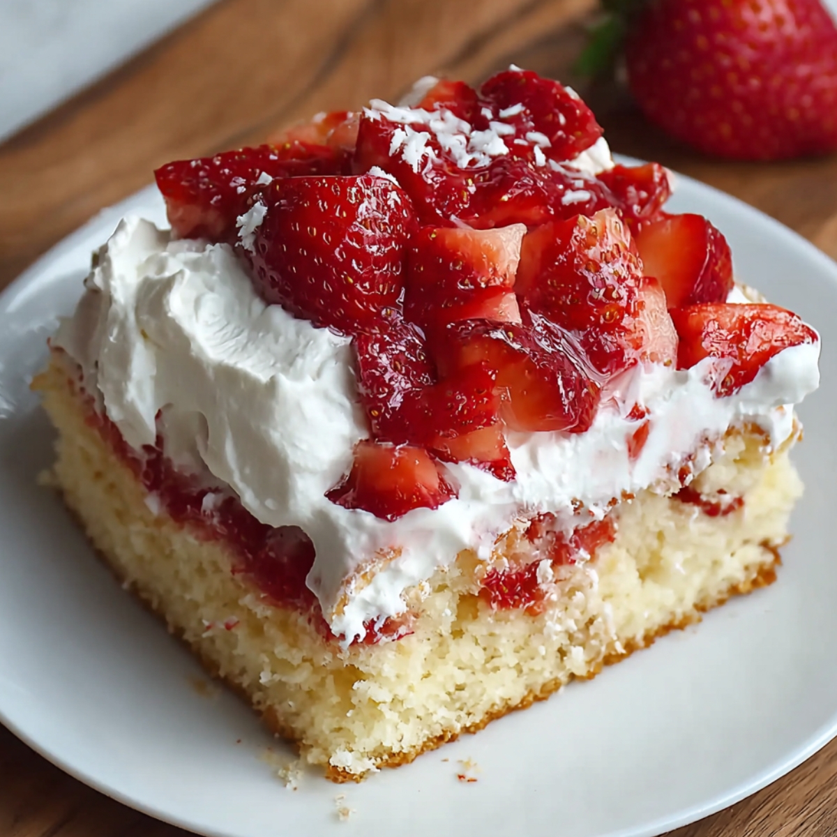 Homemade strawberry tres leches cake slice on a white plate, featuring fluffy whipped cream, juicy fresh strawberry topping, and moist sponge cake with a rustic, homemade look.