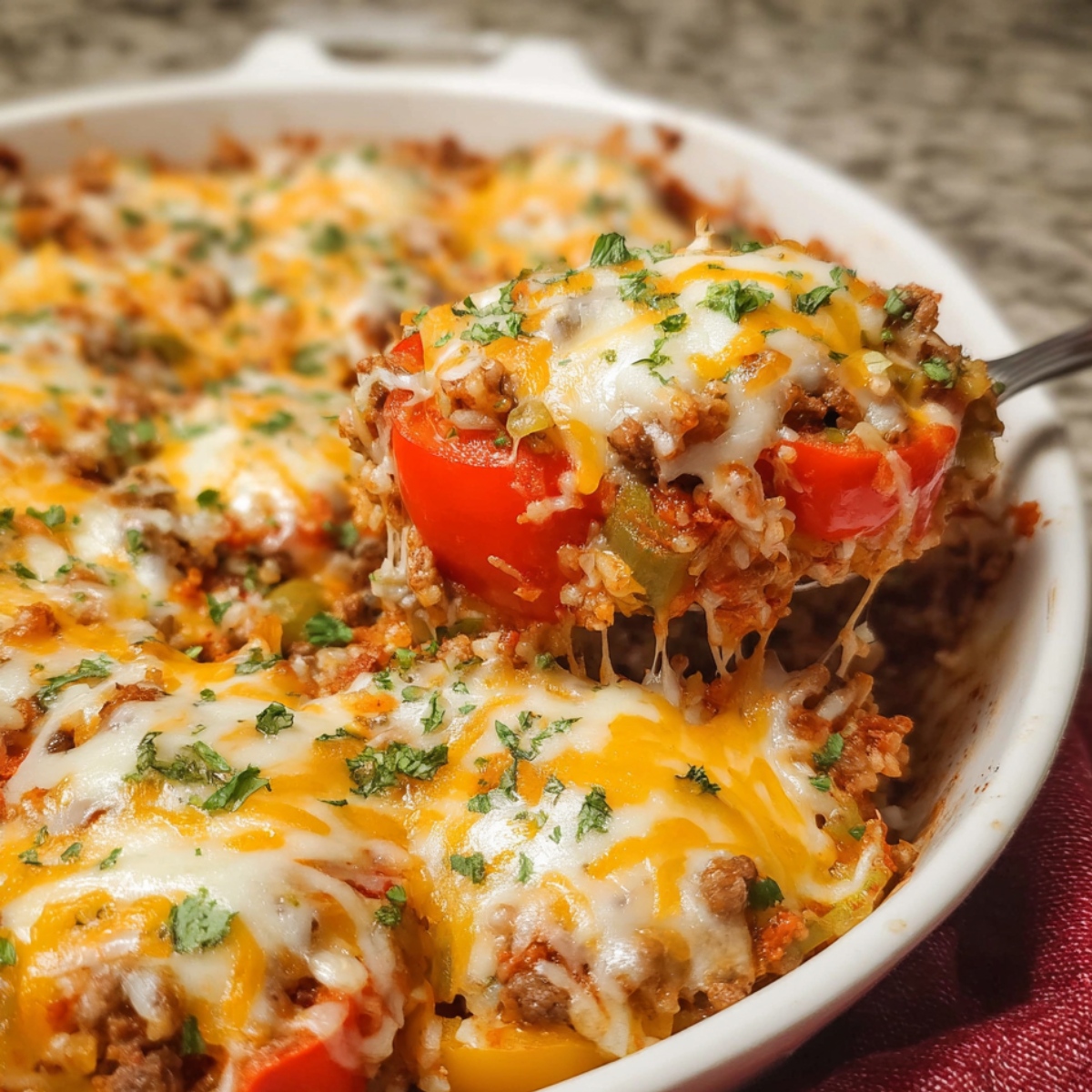 Homemade stuffed pepper casserole topped with melted cheddar and mozzarella, ground beef, rice, red and green bell peppers, and fresh herbs, with a wooden spoon lifting a cheesy serving.
