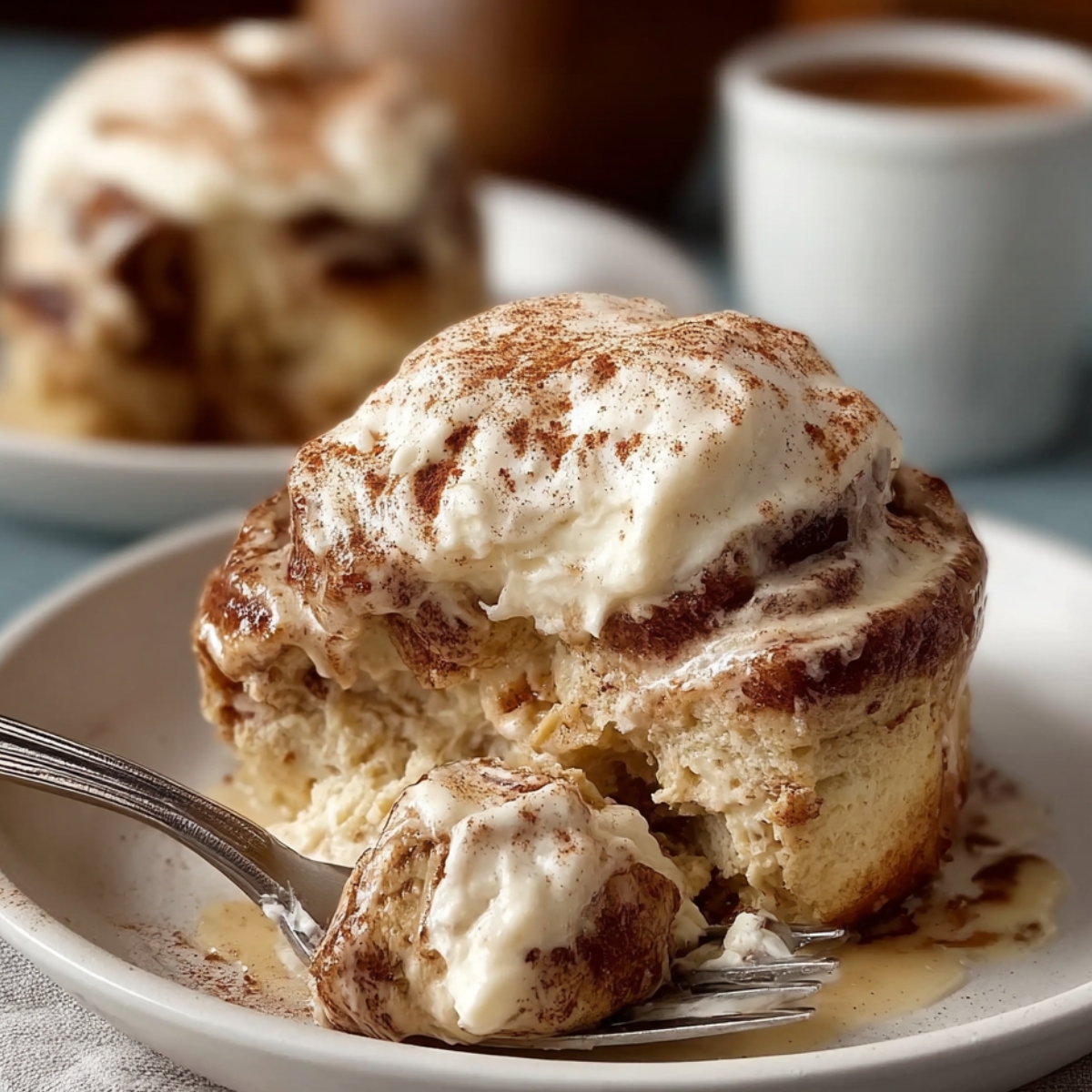 Homemade Tres Leches Cinnamon Rolls on a white plate, drizzled with creamy sauce and sprinkled with cinnamon.