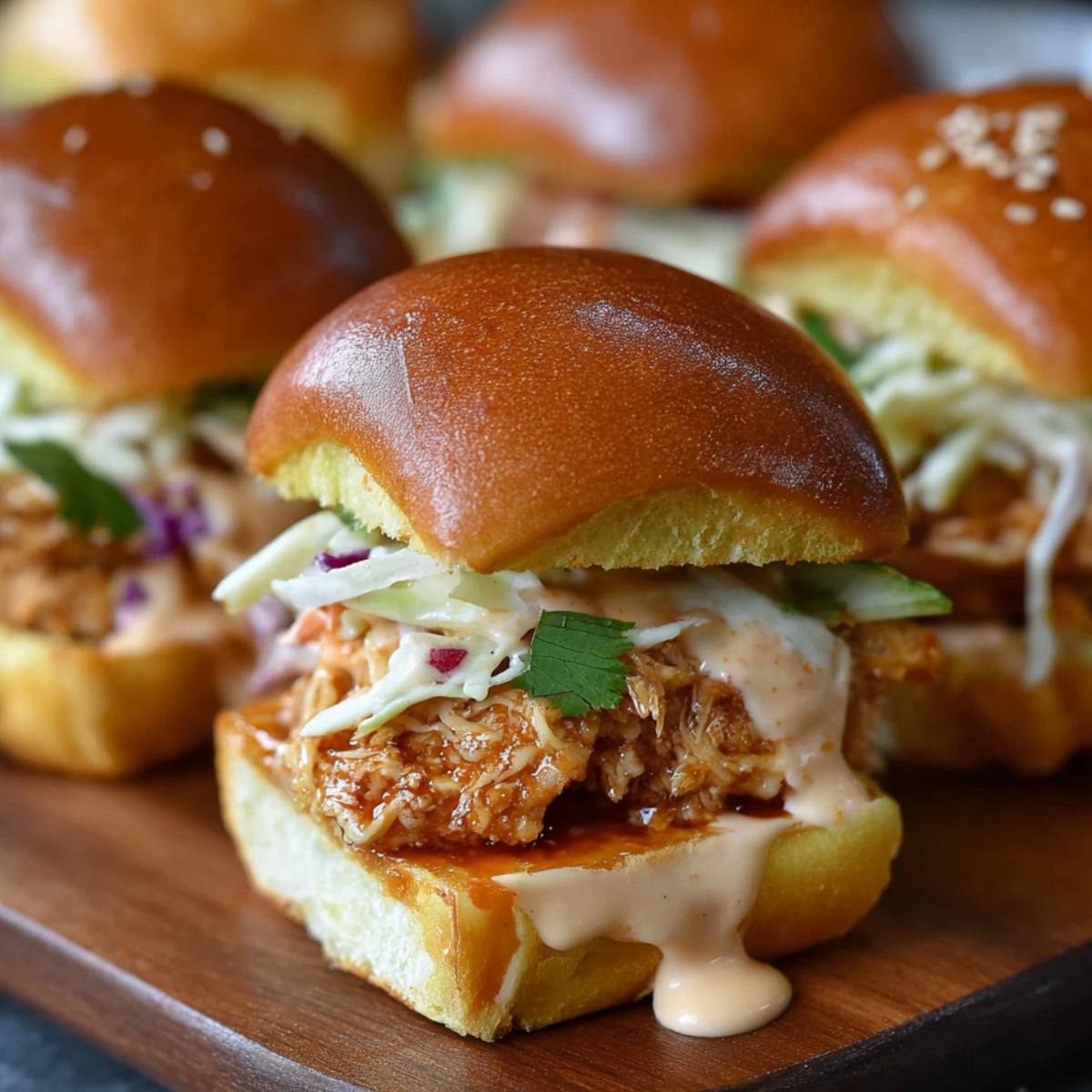 Homemade Bang Bang Chicken Sliders with crispy chicken, creamy sauce, and fresh slaw on golden slider buns.