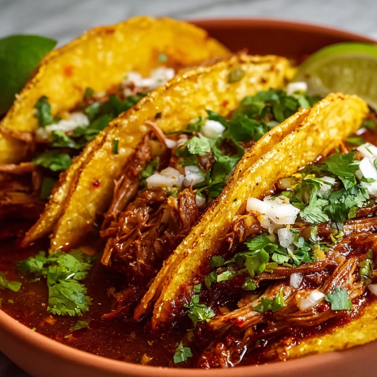 Three crispy birria tacos with shredded beef, red onion, cilantro, lime wedges, and a bowl of consommé