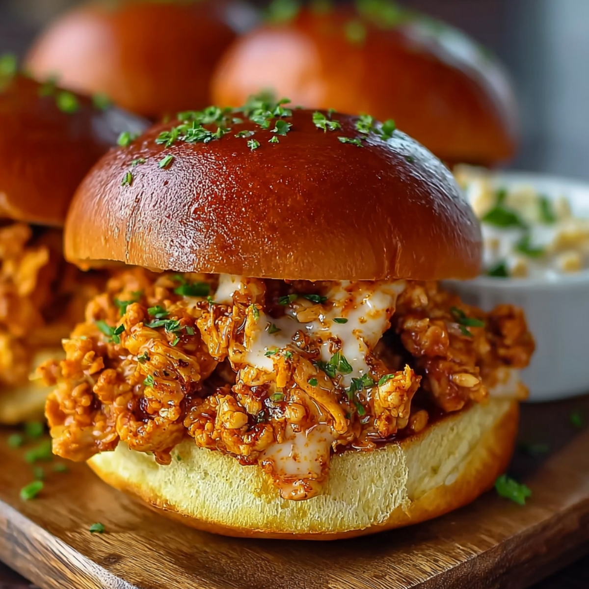 Close-up of a Cajun Chicken Sloppy Joe on a shiny brioche bun with saucy shredded chicken, melted cheese, and parsley, served on a wooden board with more buns and coleslaw in the background.