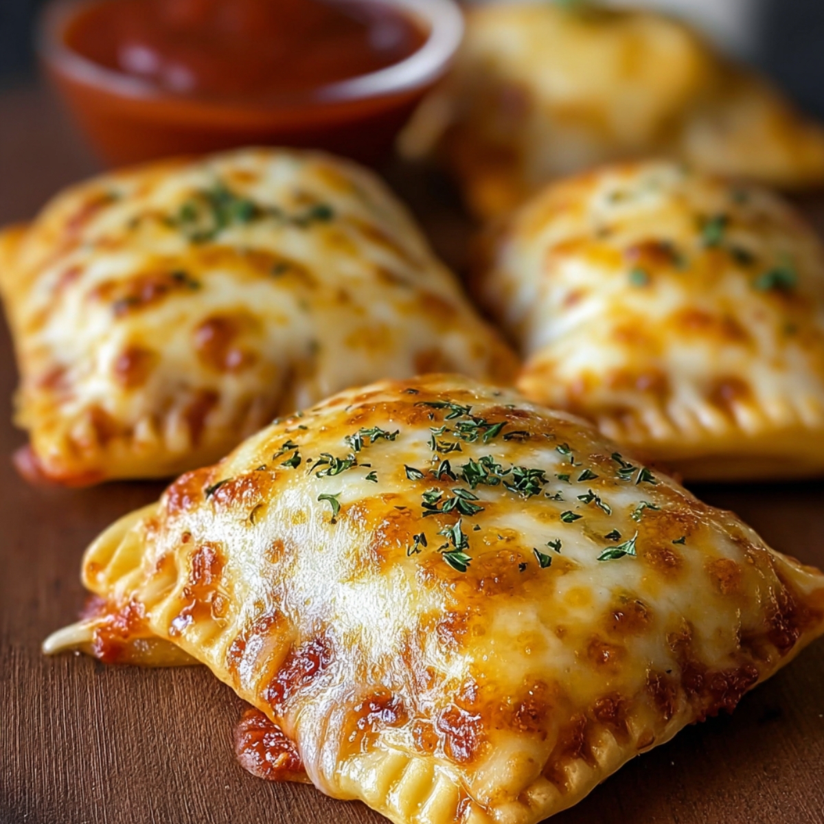 Golden, homemade cheesy pizza pockets with crimped edges, melted mozzarella on top, herbs sprinkled over, and marinara sauce in the background.