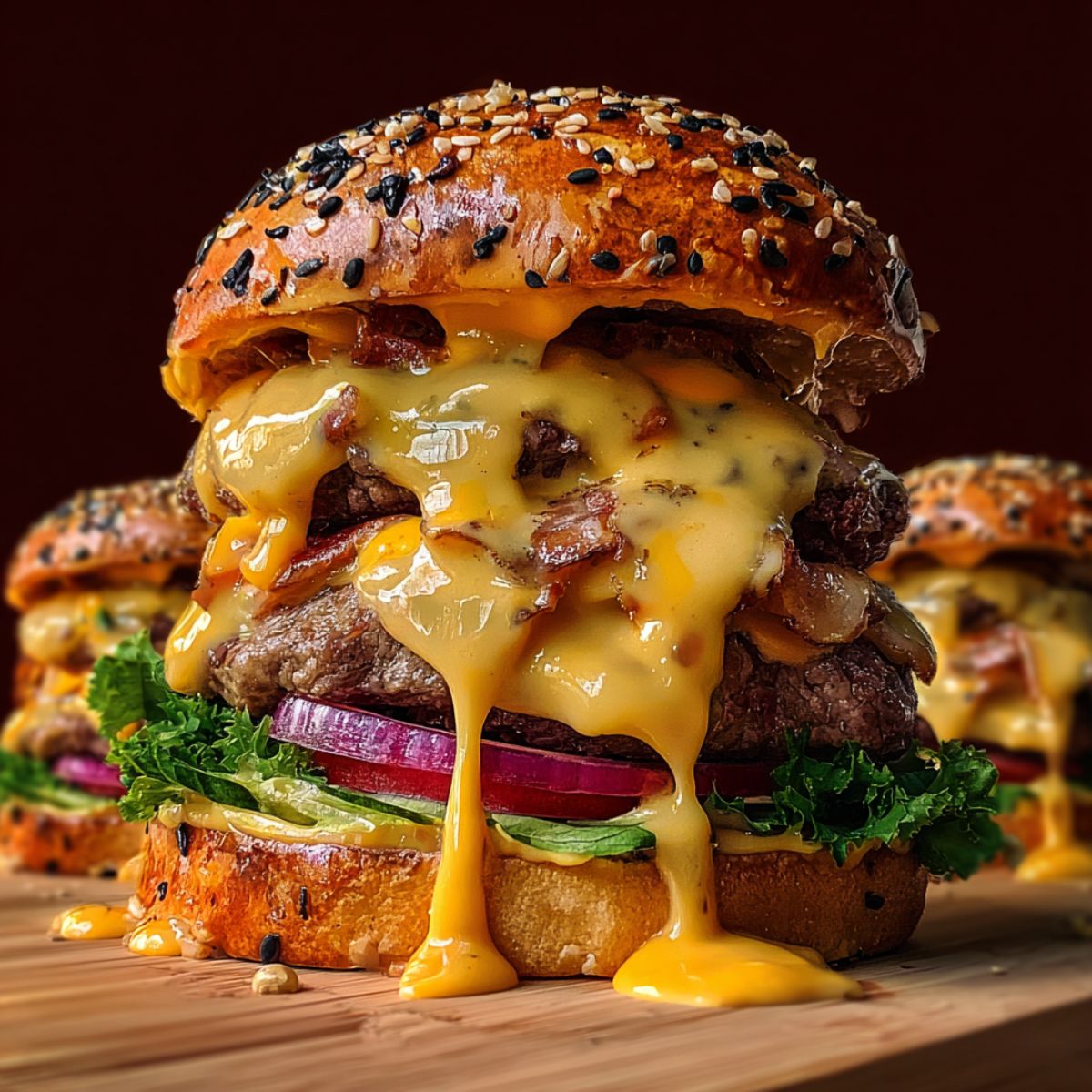 Homemade double Crack Burgers with melted cheddar dripping over two beef patties, crispy bacon, red onion, tomato, leafy lettuce, and a glossy seeded brioche bun, sitting on a wooden board.