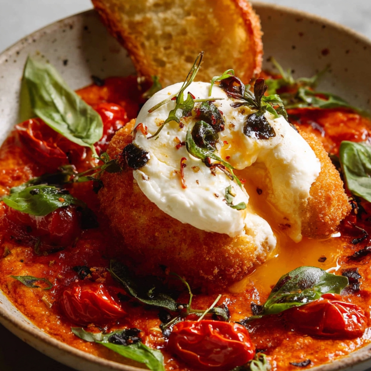 Golden fried burrata in a white bowl with chili oil, fresh basil strips, sesame seeds, and sun-dried tomato bits.