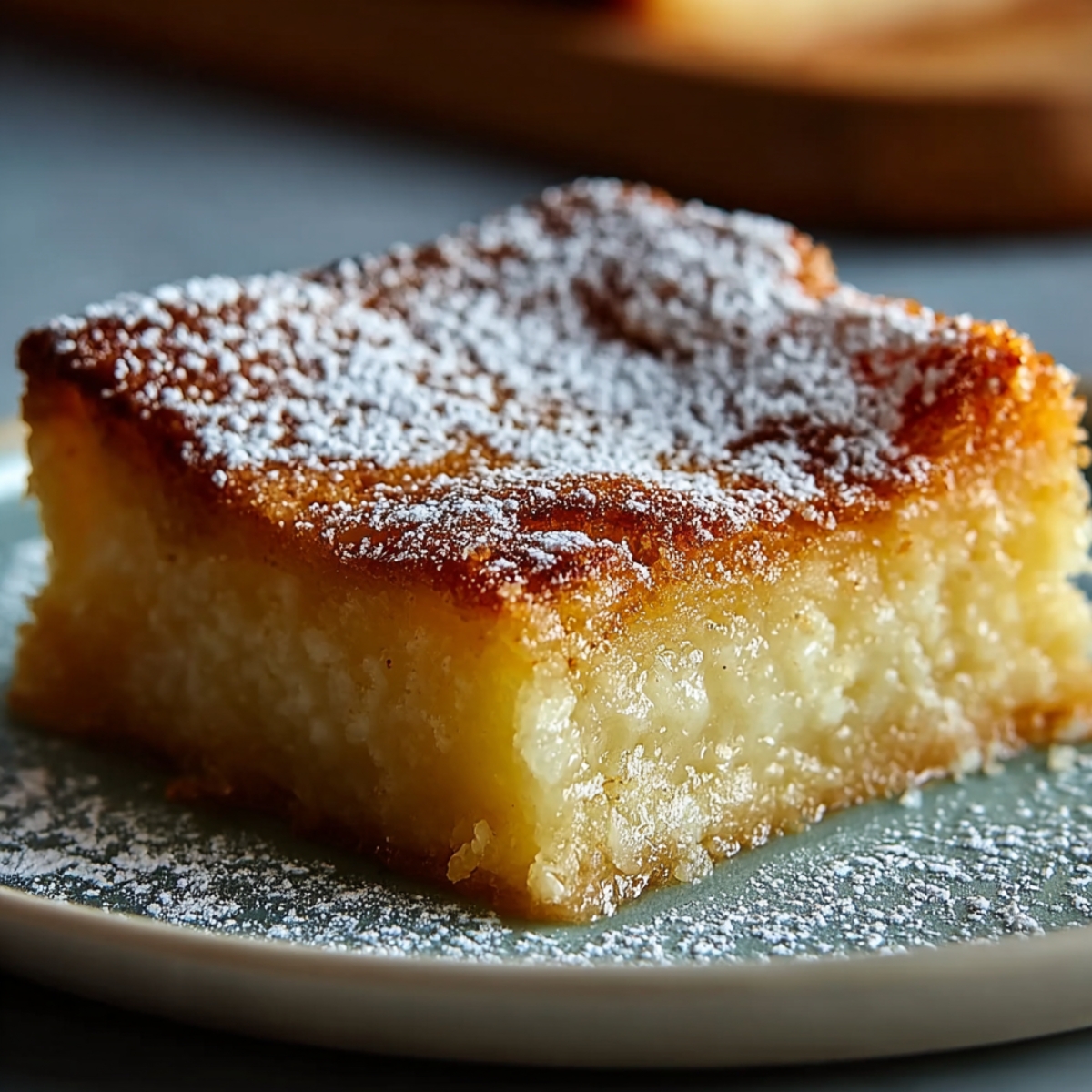 Golden-brown homemade gooey butter cake square with a moist, dense center and powdered sugar dusting on a ceramic plate.
