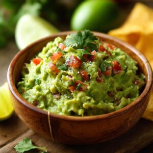 Light wooden bowl of chunky homemade guacamole recipe with tomato and cilantro garnish, on a wooden surface with lime and tortilla chips, in warm natural light.