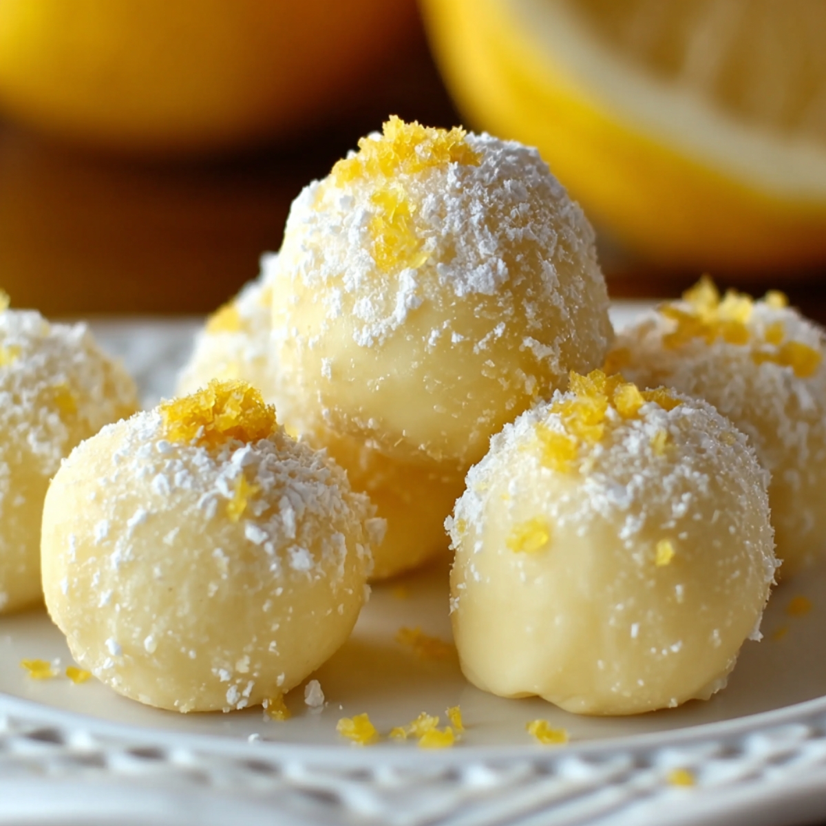 Homemade lemon truffles coated in coconut with lemon zest, one bitten open to reveal a creamy yellow filling on a rustic plate.