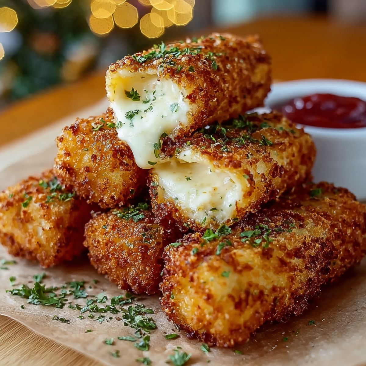 Golden, crispy homemade Nashville hot mozzarella sticks on a patterned plate, one split open with gooey melted cheese, parsley garnish, and marinara sauce in the background.