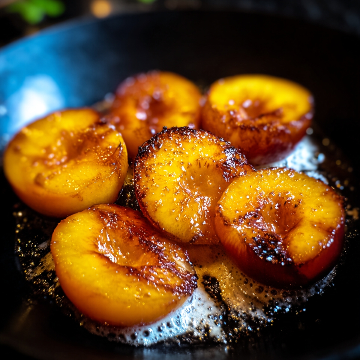 Close-up of golden Pan Fried Peaches halves caramelizing in a skillet, their surfaces glistening with bubbling butter and browned sugar, edges slightly crisped, giving a rustic homemade look.
