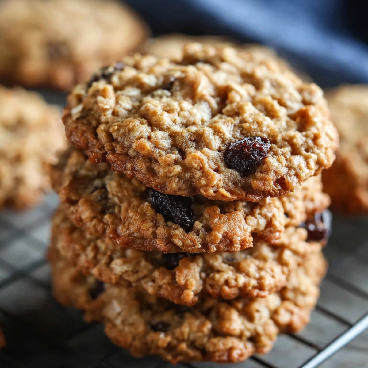 Stack of golden-brown Quaker Oatmeal Cookie Recipe on a cooling rack, chewy with visible oats and raisins, edges crisp, centers soft.