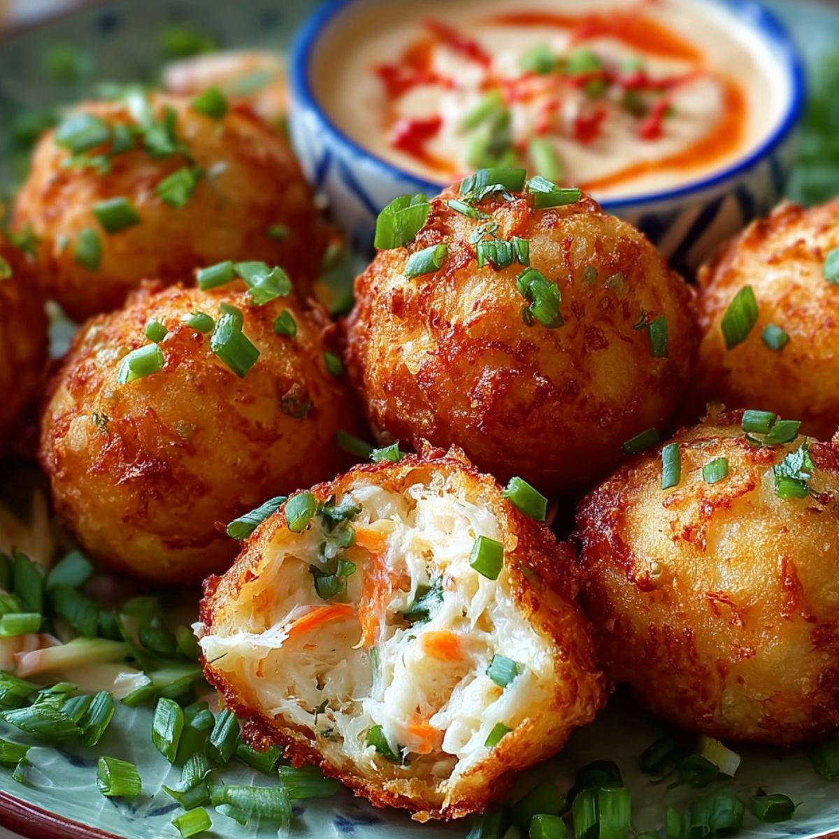 Golden brown homemade Rangoon Crab Bombs topped with chopped green onions, one cut open to show creamy crab filling with sweet chili sauce.