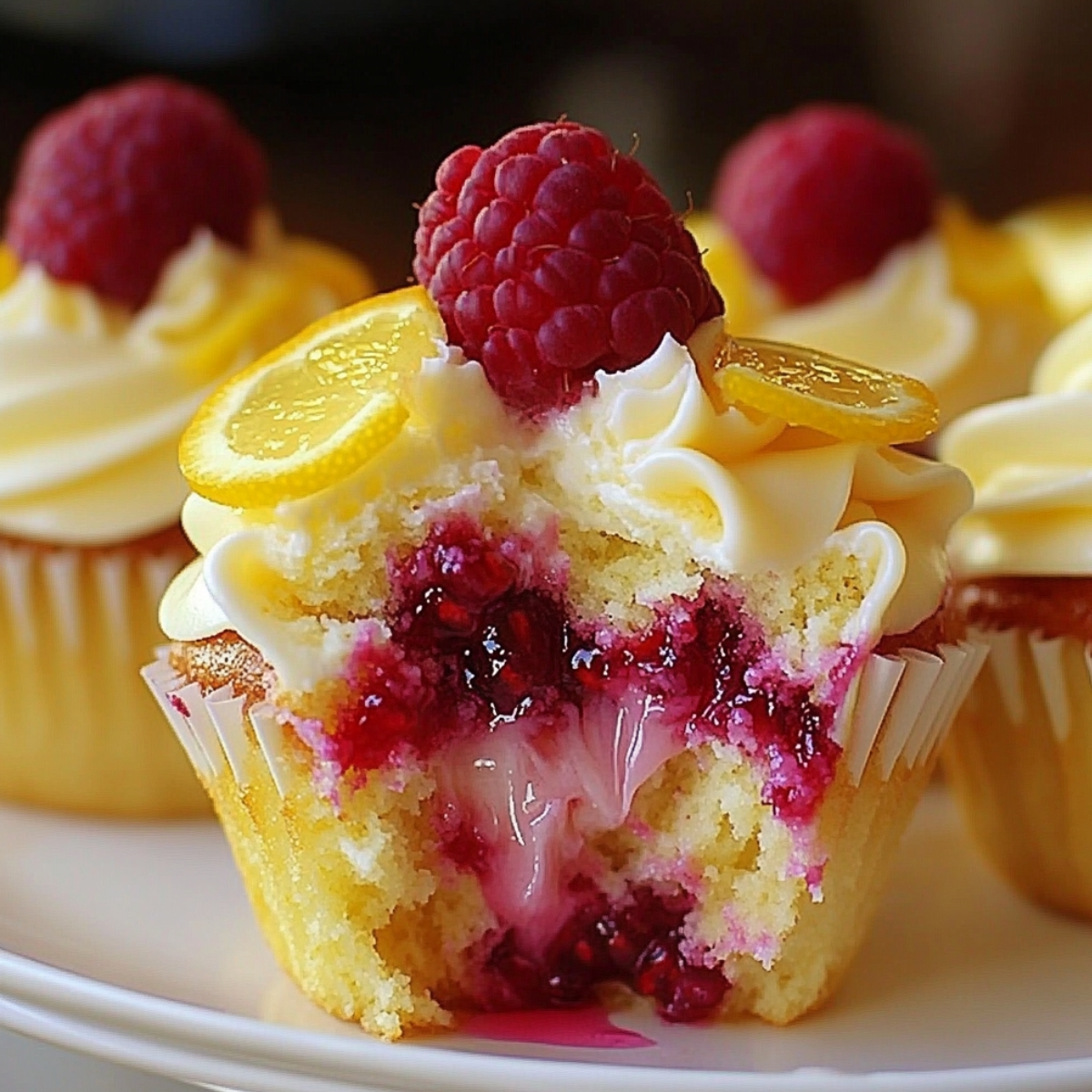 Homemade Raspberry Lemon Cupcakes with creamy frosting, raspberry jam filling, topped with a fresh raspberry and lemon slices. One cupcake is bitten to reveal the gooey center.