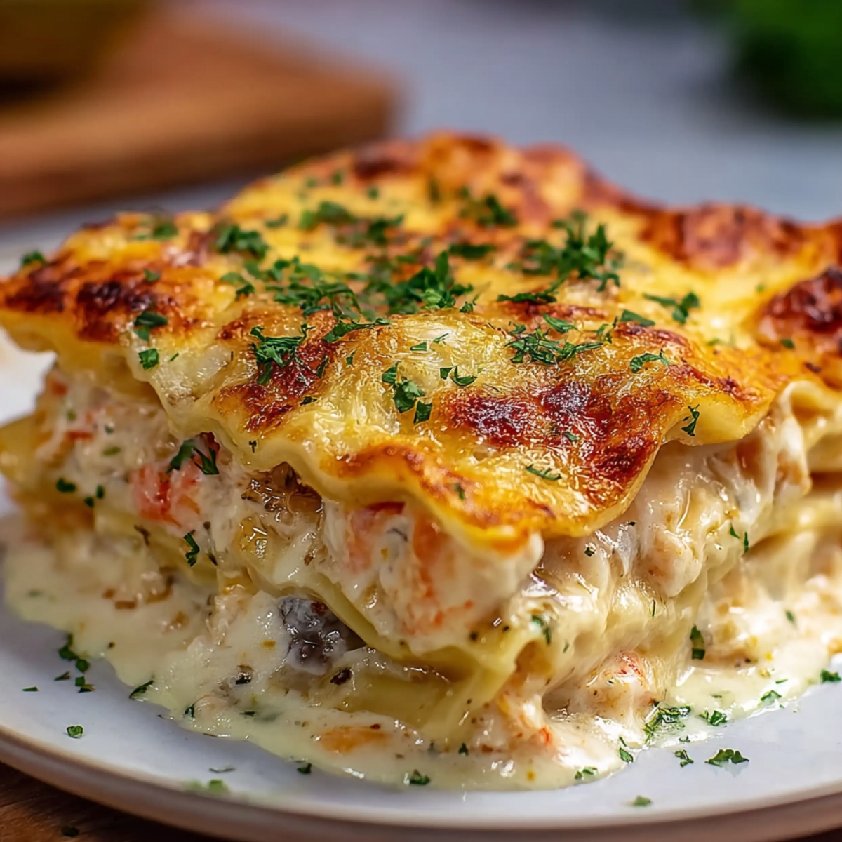 Slice of homemade seafood lasagna on a white plate, with golden-brown cheesy top, creamy layers of shrimp, crab, pasta, and alfredo sauce, garnished with parsley.