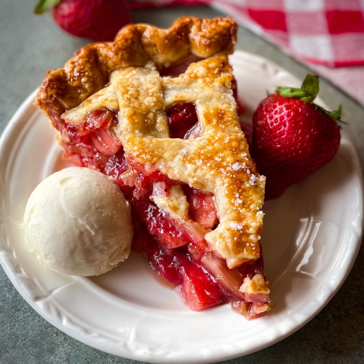 Golden lattice-topped strawberry rhubarb pie slice with ice cream and fresh strawberry on a white plate.