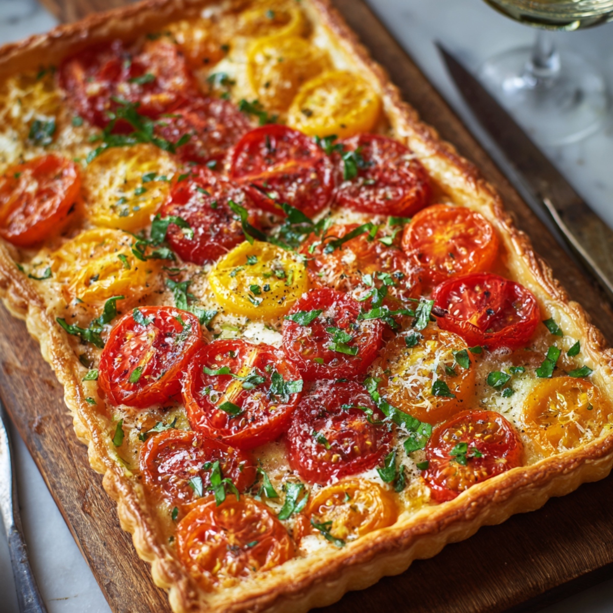 Homemade tomato tart with puff pastry, red and yellow tomatoes, herbs, and cheese on a wooden board.