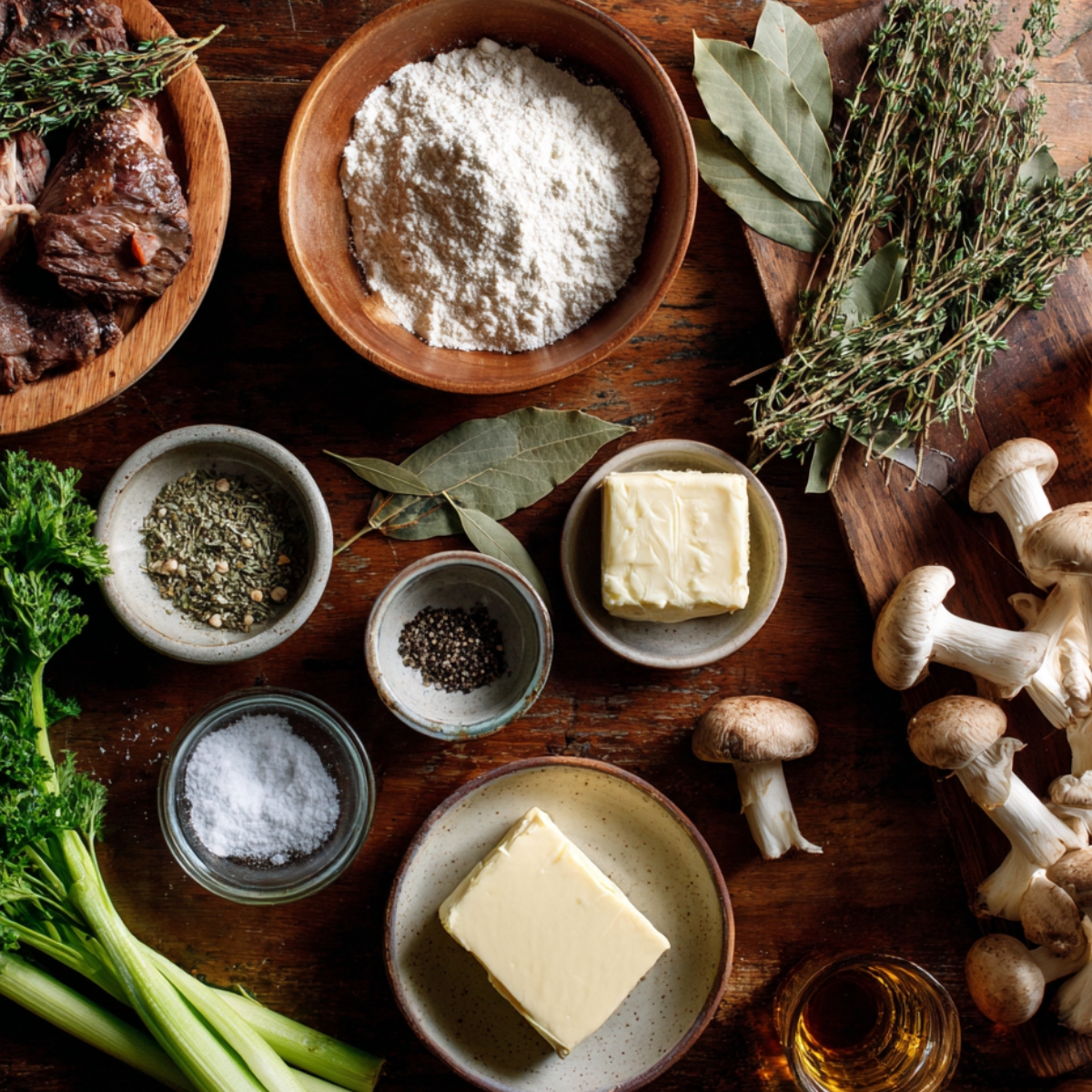 Fresh flavor-building ingredients for homemade beef bourguignon including fresh thyme, bay leaves, butter, flour, mushrooms, parsley, celery, black pepper, salt, and brandy arranged on a rustic wooden table.