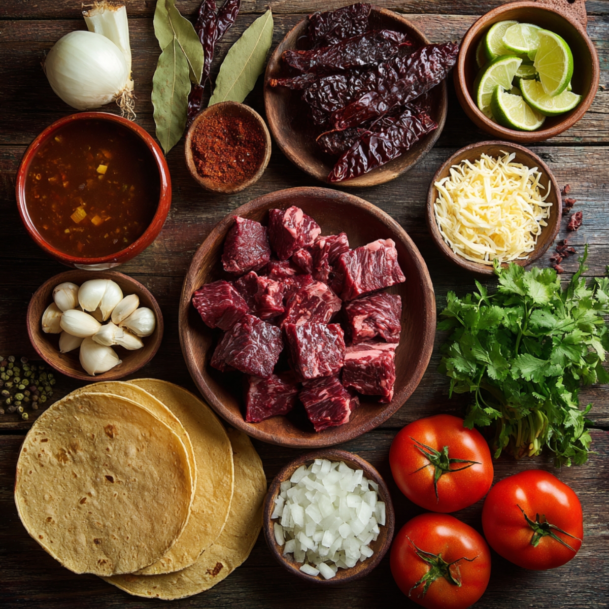 Overhead view of fresh birria taco ingredients on a rustic table, including raw beef, dried chiles, tortillas, cheese, cilantro, tomatoes, onion, garlic, lime, and consommé.