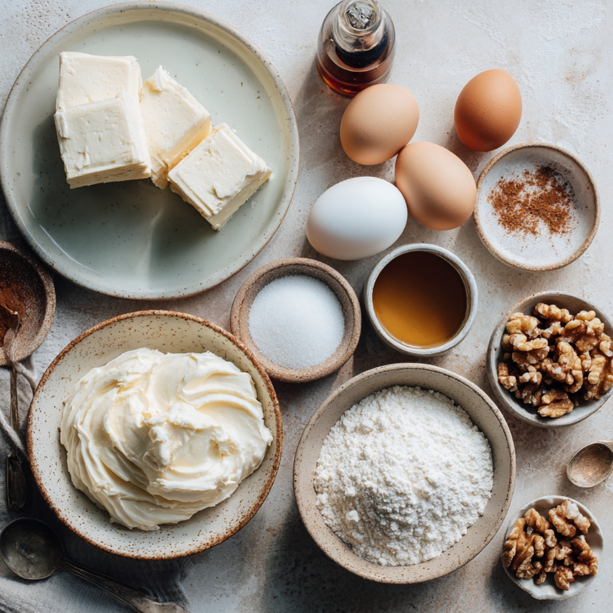 Carrot cake cheesecake ingredients including cream cheese, eggs, flour, sugar, walnuts, and spices.