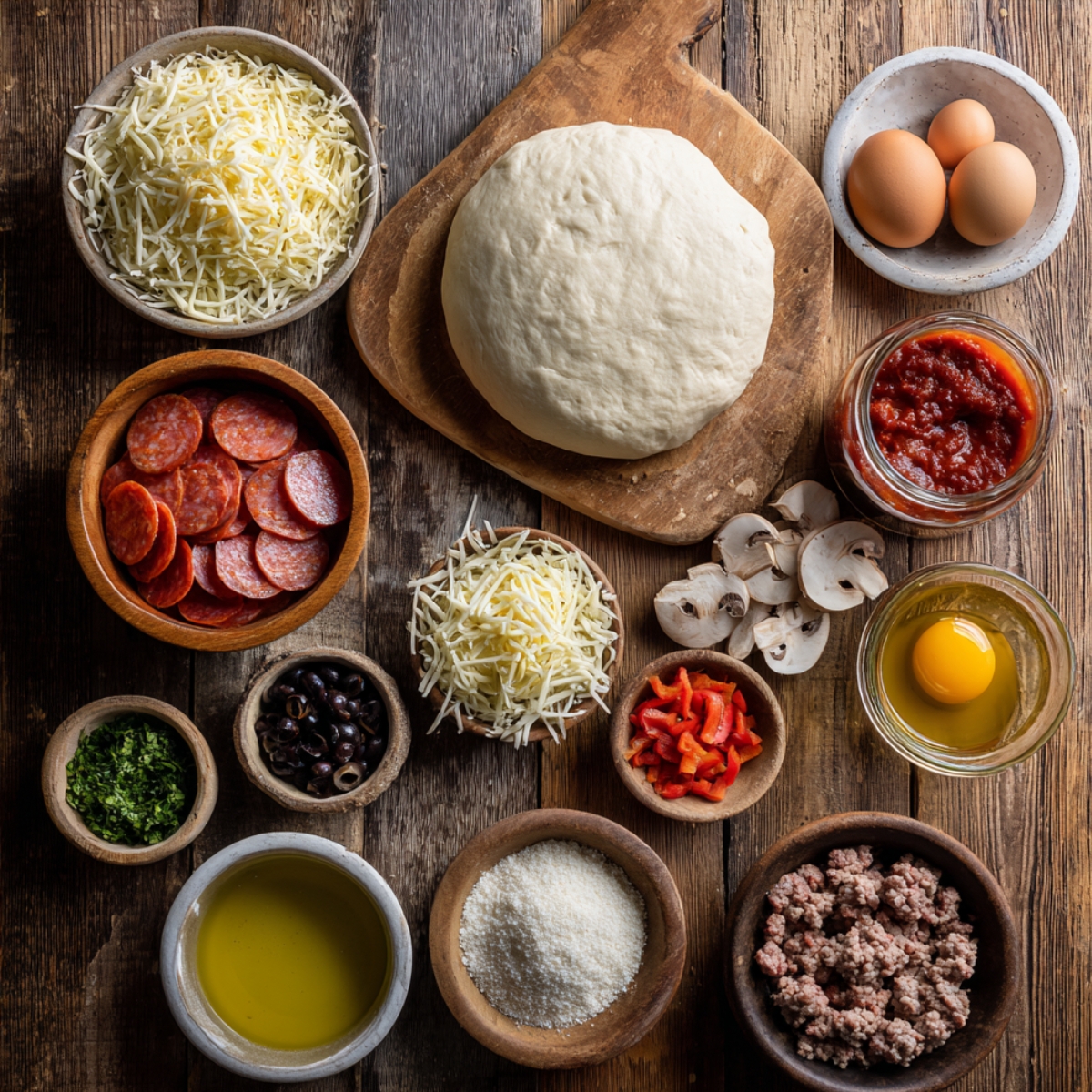 Top-down view of homemade pizza pocket ingredients, including dough, cheese, pepperoni, sausage, vegetables, sauce, eggs, and herbs on a rustic wooden table.