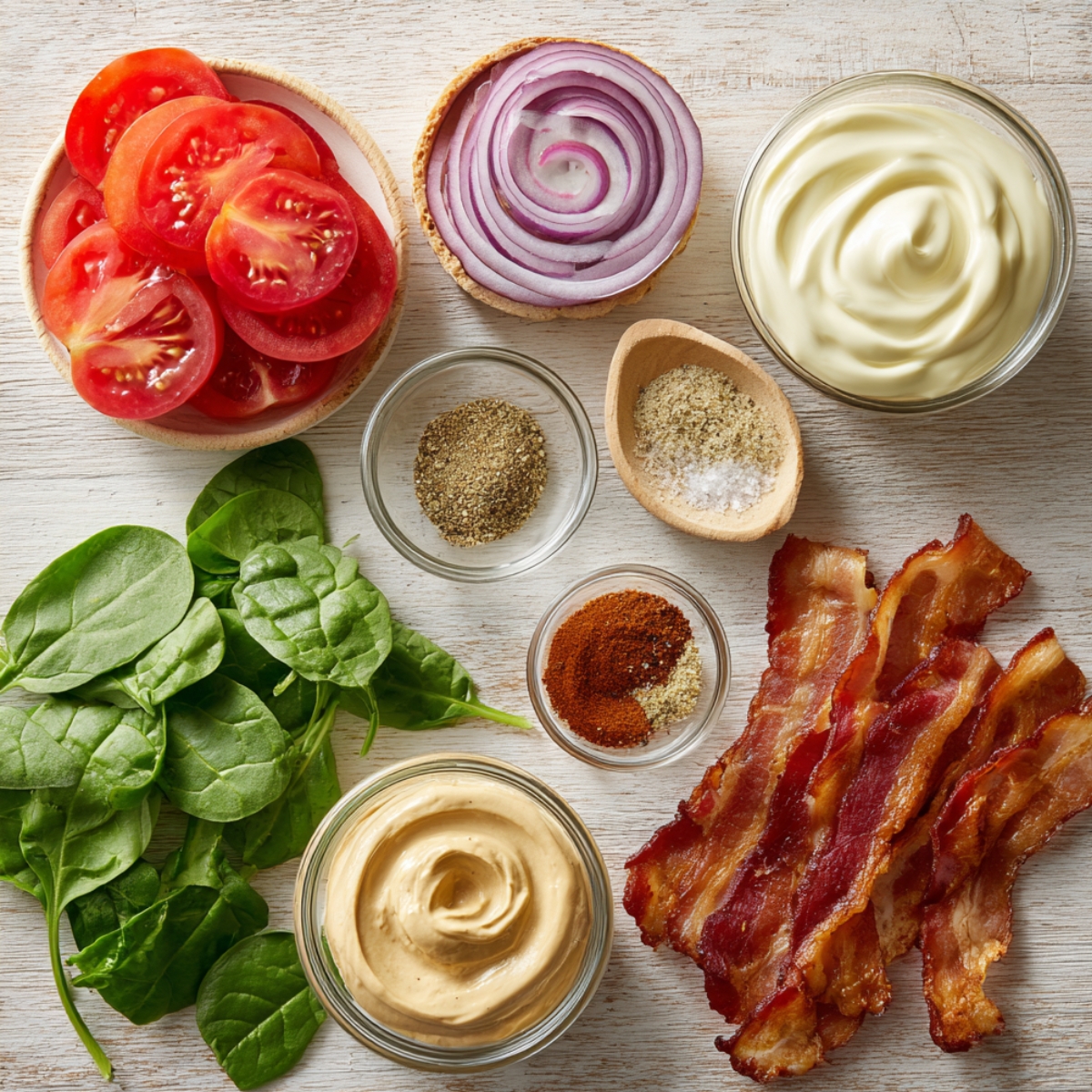 Flat lay of fresh sandwich toppings: sliced tomatoes, red onion rings, baby spinach, crispy bacon, mayo, chipotle mayo, salt, pepper, and spices on a white wooden surface.