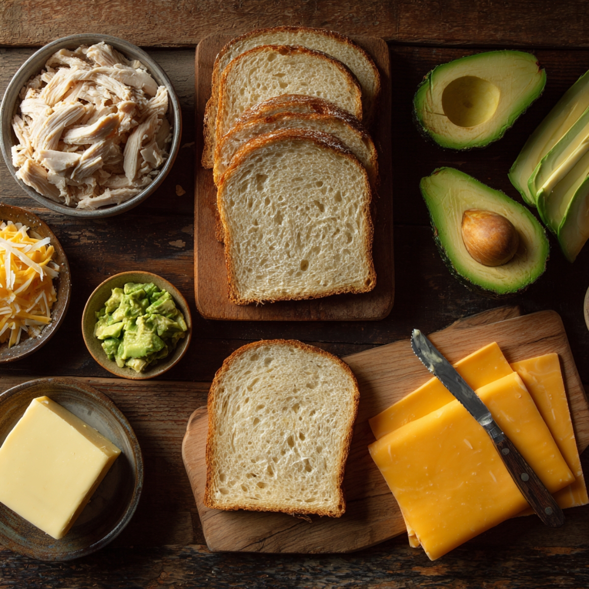 Top-down view of Chicken Avocado Melt Sandwich ingredients: sourdough bread, shredded chicken, sliced and halved avocado, cheddar slices, shredded cheese blend, mashed avocado, and butter on a rustic wooden surface.