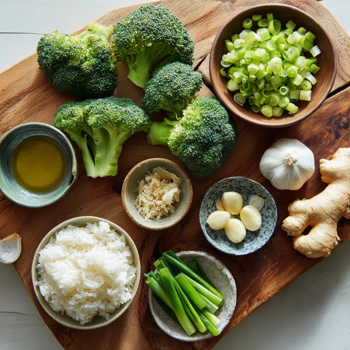 Top-down view of fresh broccoli, sliced green onions, garlic, ginger, vegetable oil, cooked white rice, and shredded ginger arranged on a rustic wooden board, bright natural light.