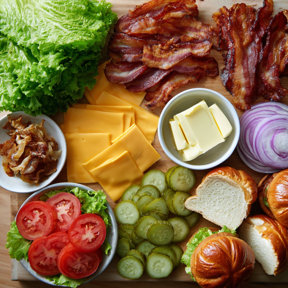 Fresh burger toppings on a wooden board: crispy bacon, cheddar slices, lettuce, tomatoes, pickles, red onion, butter, caramelized onions, and sliced brioche buns — all ready for homemade crack burgers.