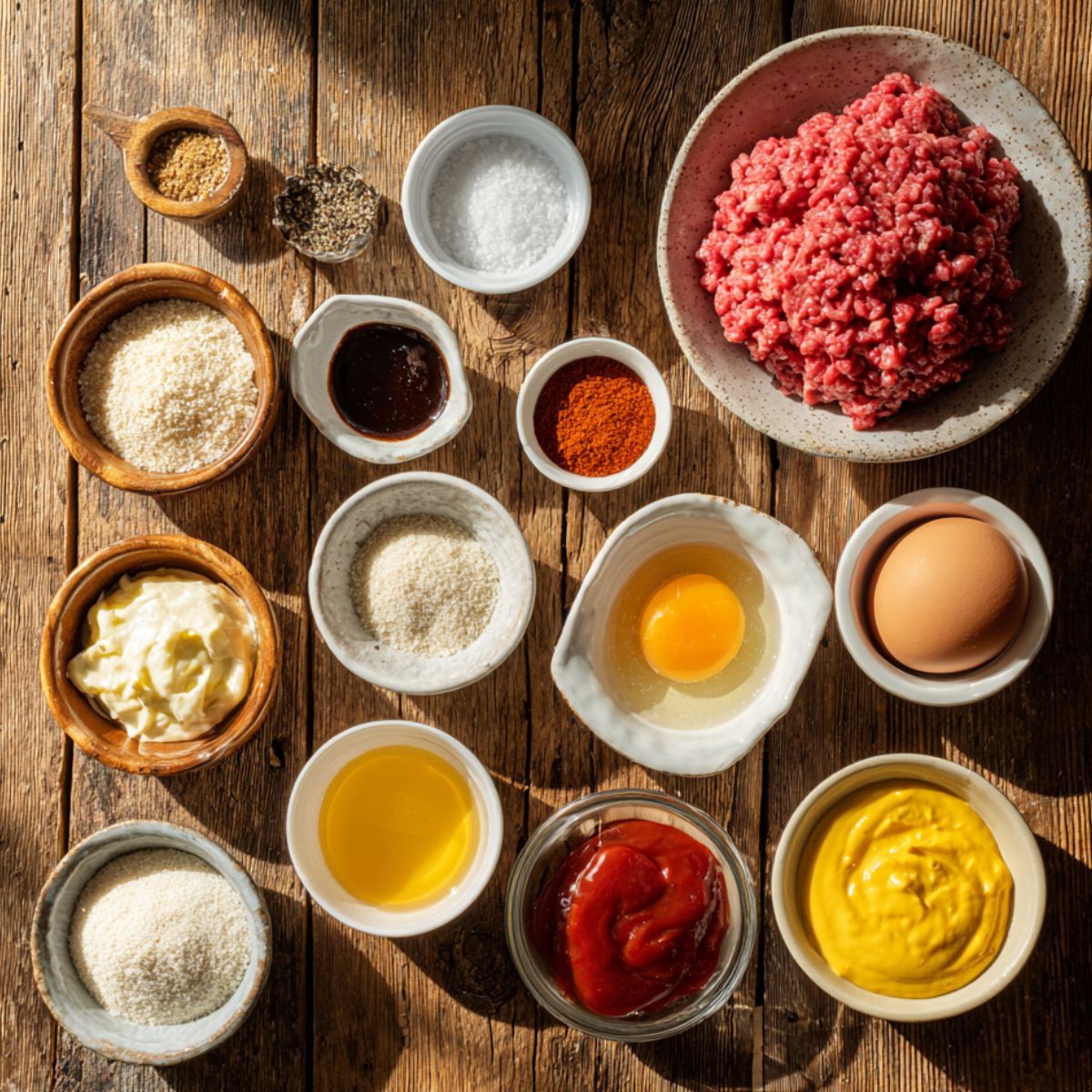 Overhead view of crack burger ingredients on a rustic wooden table: ground beef, eggs, ketchup, mustard, mayo, spices, Worcestershire sauce, and breadcrumbs in small bowls.