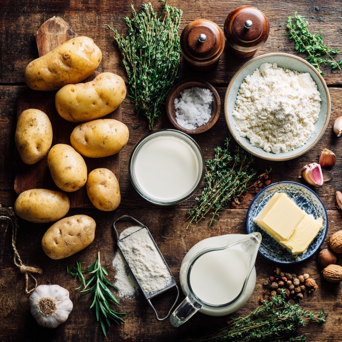 Potatoes, milk, cream, butter, flour, garlic, and herbs for au gratin.