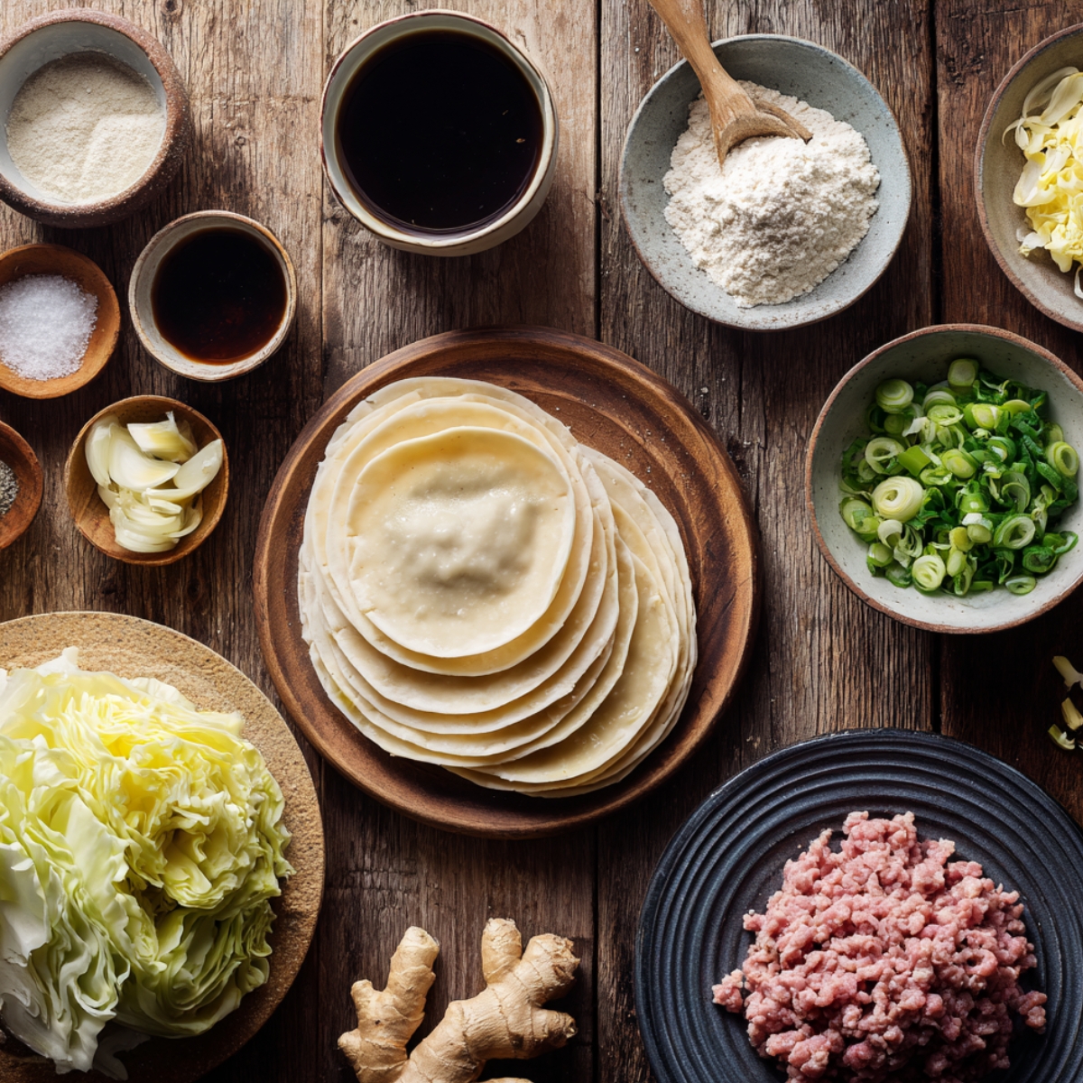 Overhead view of fresh fried dumpling ingredients on a rustic wooden table — dumpling wrappers, ground pork, napa cabbage, ginger, garlic, scallions, flour, soy sauce, sesame oil, salt, and pepper.