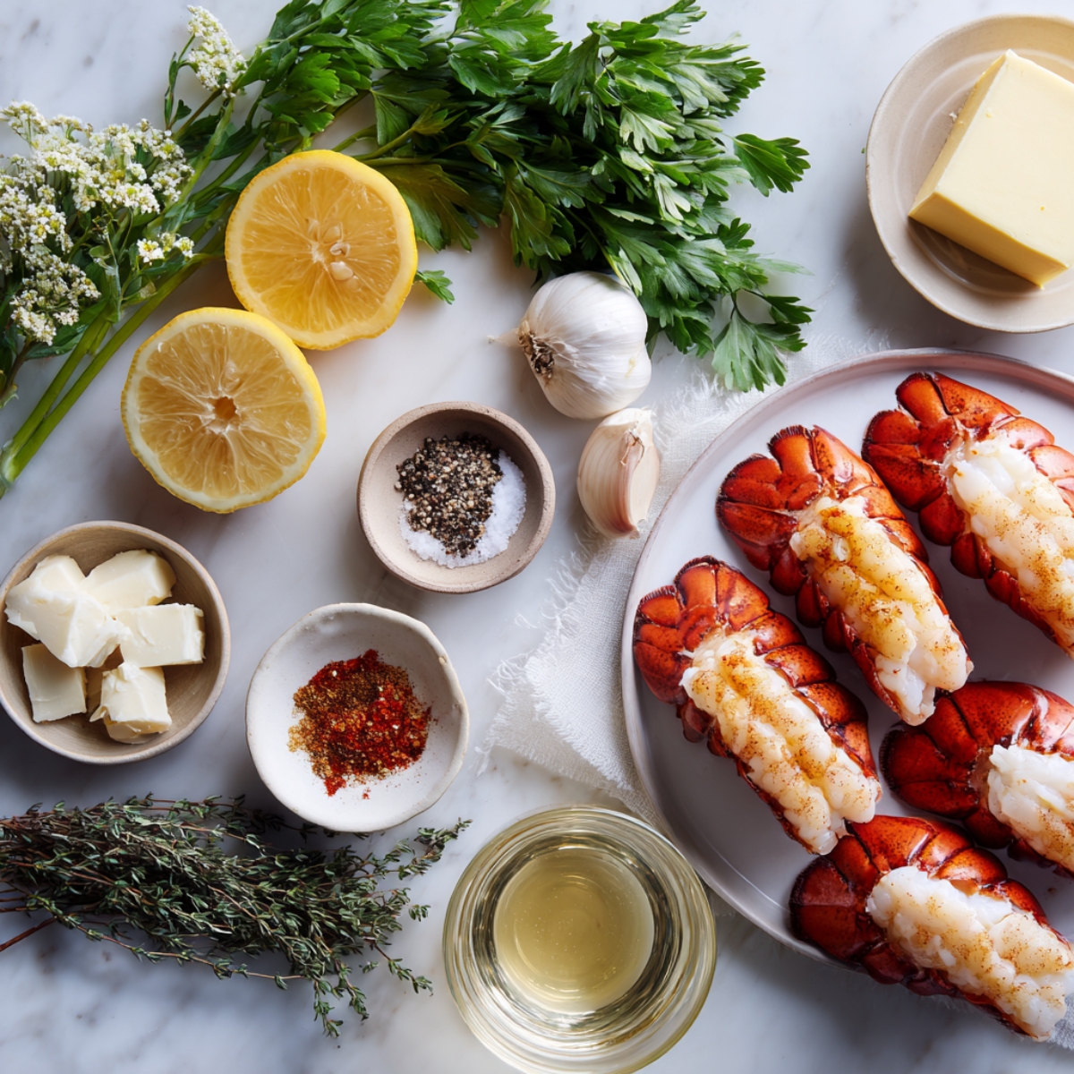 Fresh ingredients for garlic butter lobster tails with lobster tails, lemons, garlic, parsley, thyme, butter, spices, and white wine on a marble countertop.