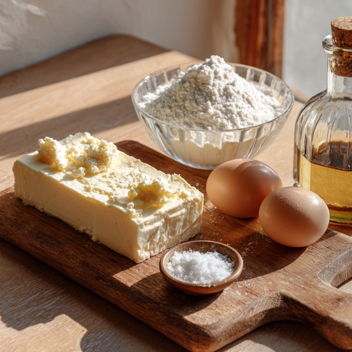 Ingredients for homemade gooey butter cake on a wooden board, including butter, eggs, flour, salt, and vanilla extract in warm natural light.