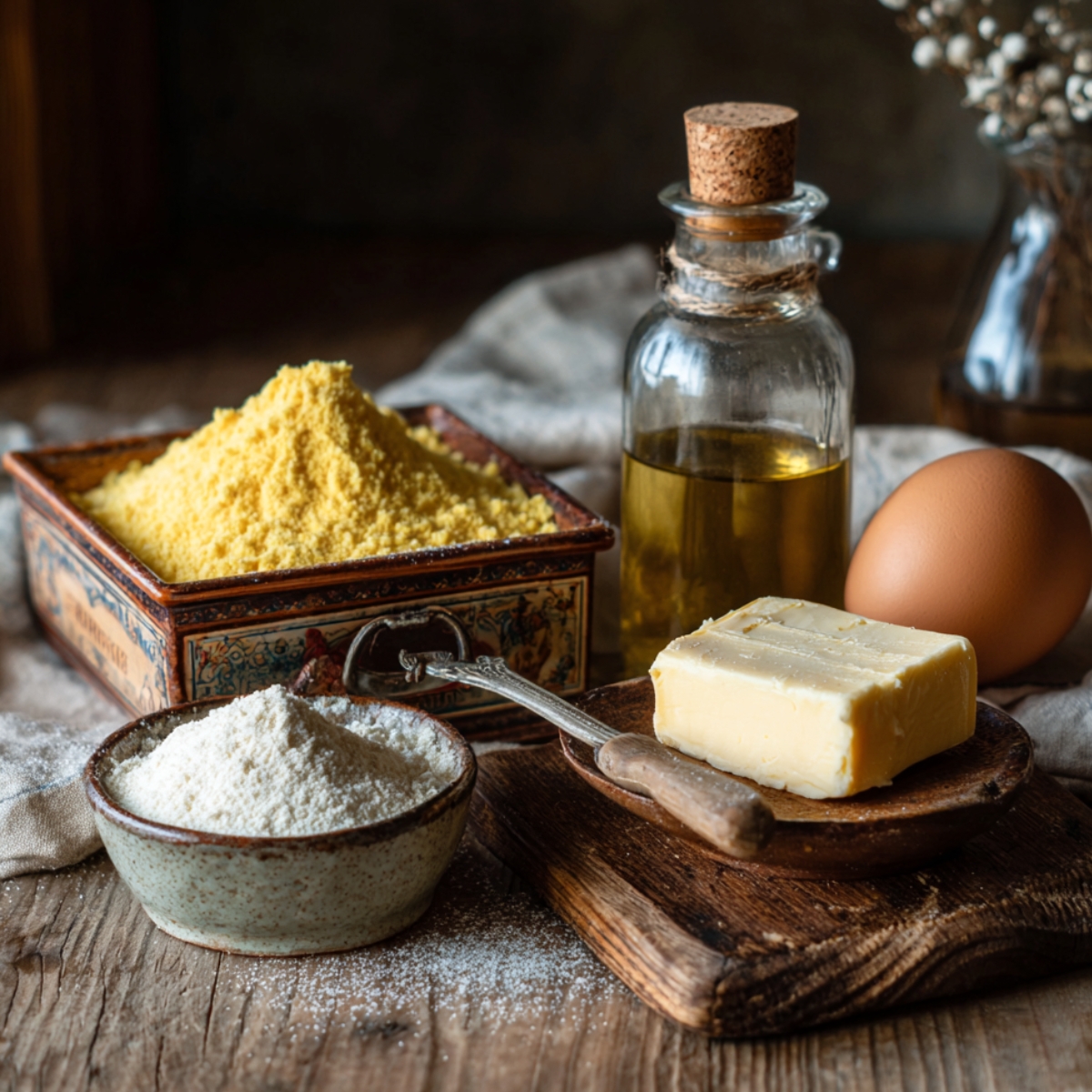 Rustic kitchen scene with flour, yellow cake mix, butter, vanilla extract, and an egg arranged on a wooden table in warm natural light.