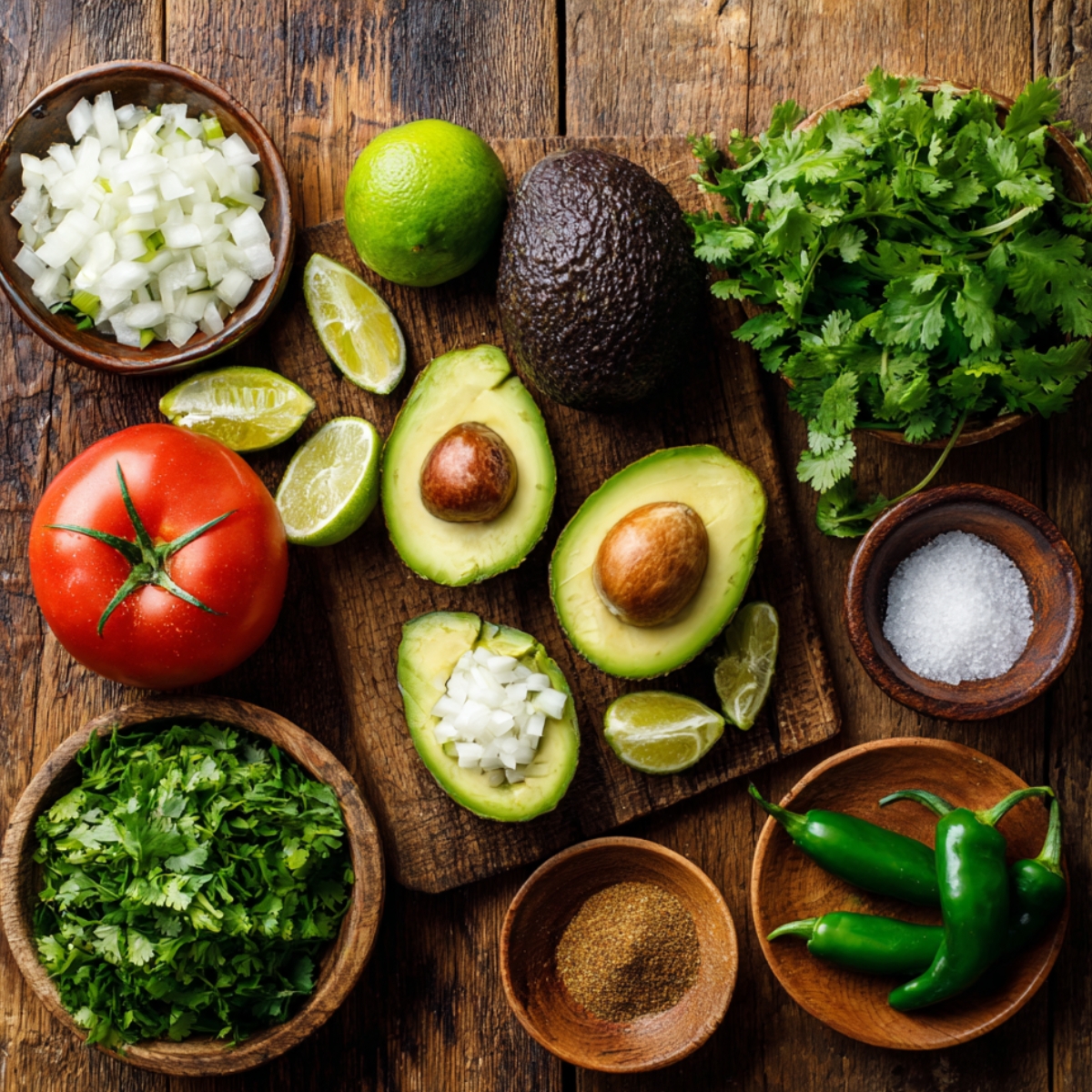 Fresh guacamole ingredients on a rustic wooden table — halved and whole avocados, lime wedges, tomato, chopped and whole cilantro, diced onion, jalapeños, kosher salt, and ground cumin in small bowls, in natural daylight.