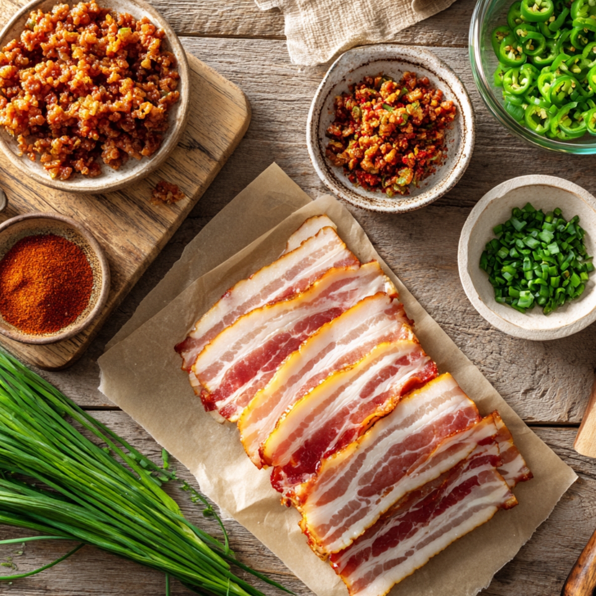 Bacon strips with bowls of sausage crumbles, diced jalapeños, chives, and paprika on a wooden table.