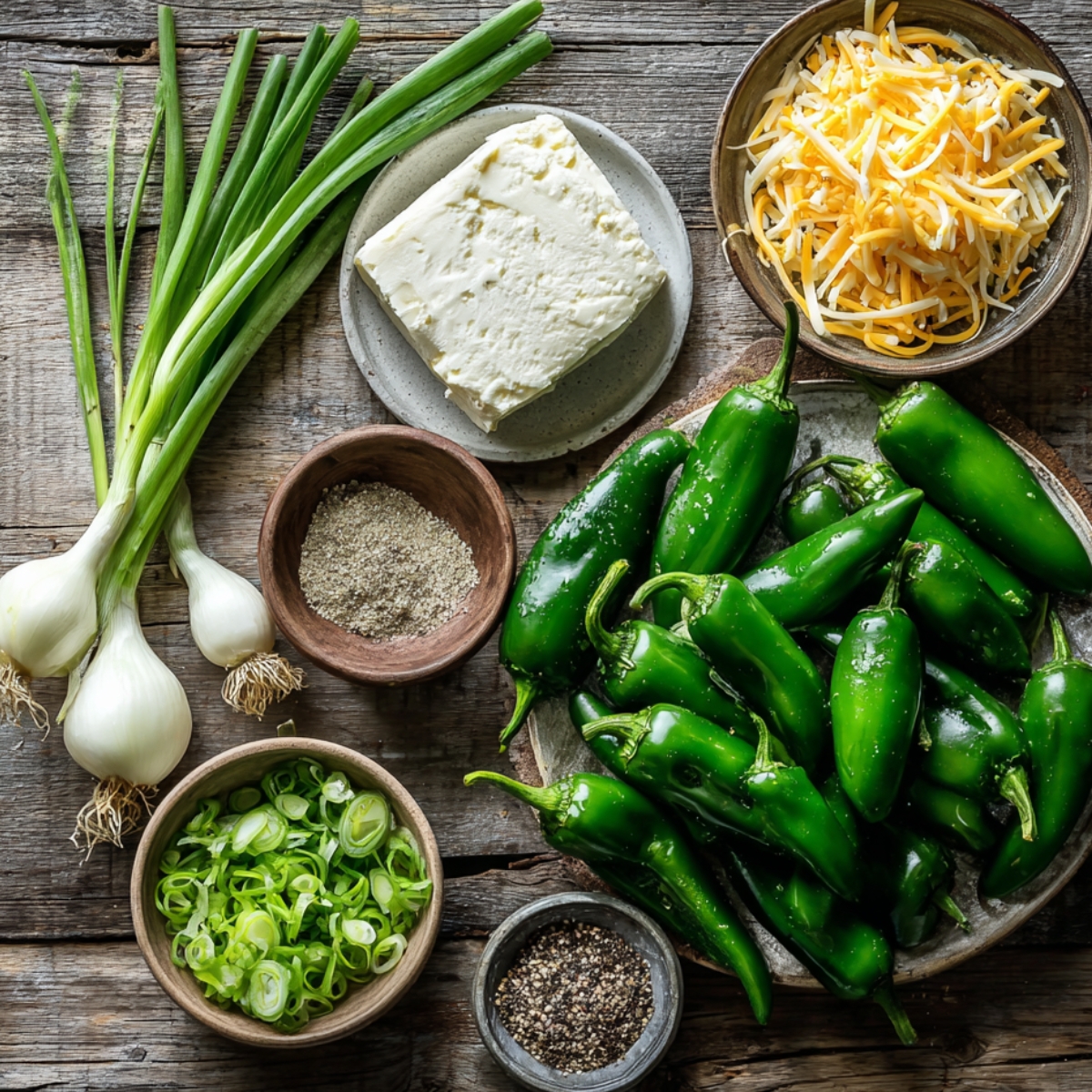 Fresh jalapeños, cream cheese, shredded cheddar, and green onions on a rustic wooden table.