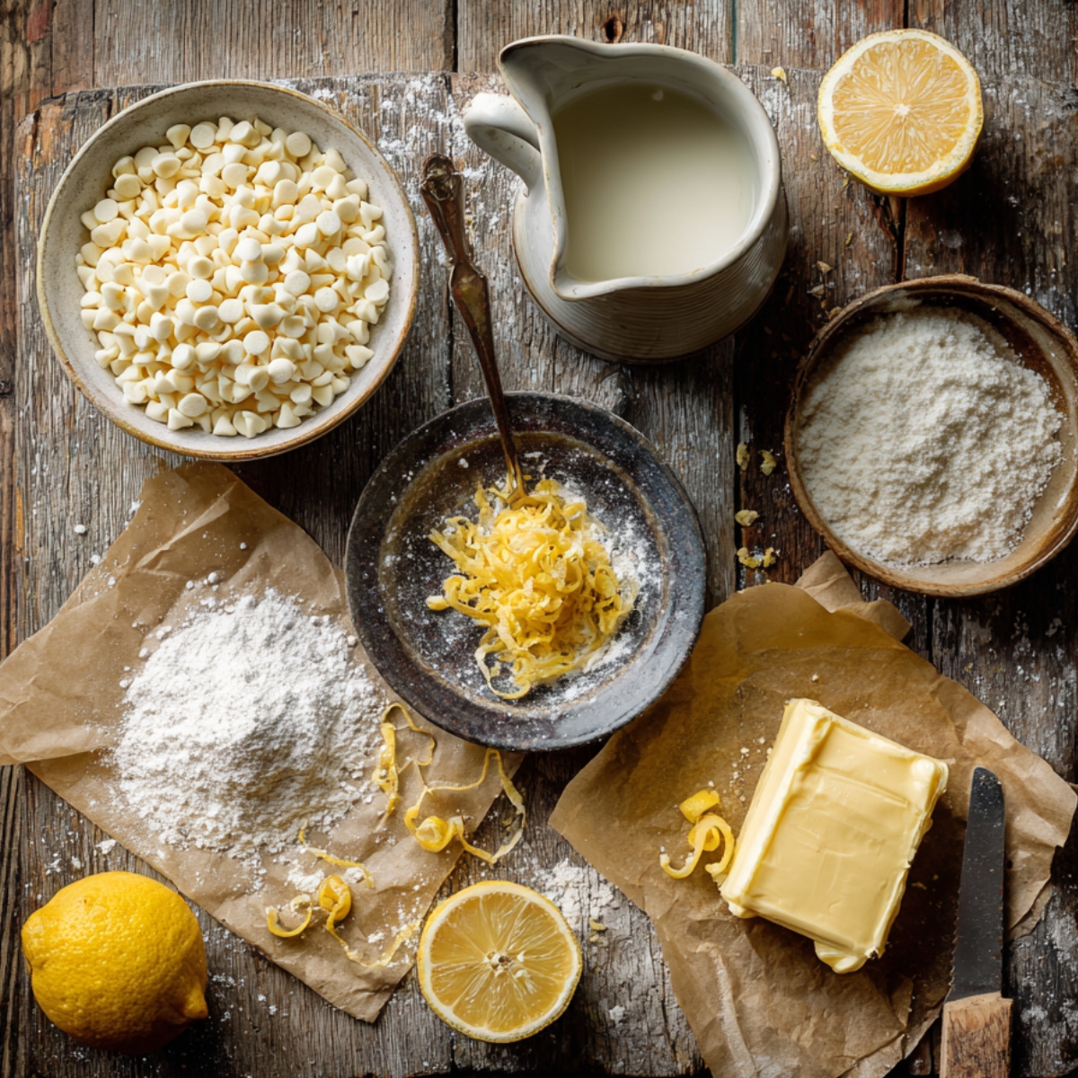 Rustic flat lay of lemon truffle ingredients: white chocolate chips, cream, lemon zest, butter, powdered sugar, and fresh lemons on a wooden table.