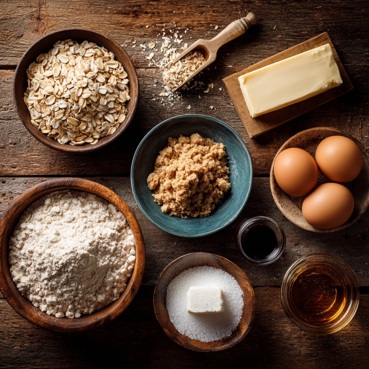 Rustic wooden table with bowls of oats, flour, brown sugar, white sugar, butter on a board, three eggs, vanilla extract, and a glass of amber liquid—cozy homemade cookie prep scene.