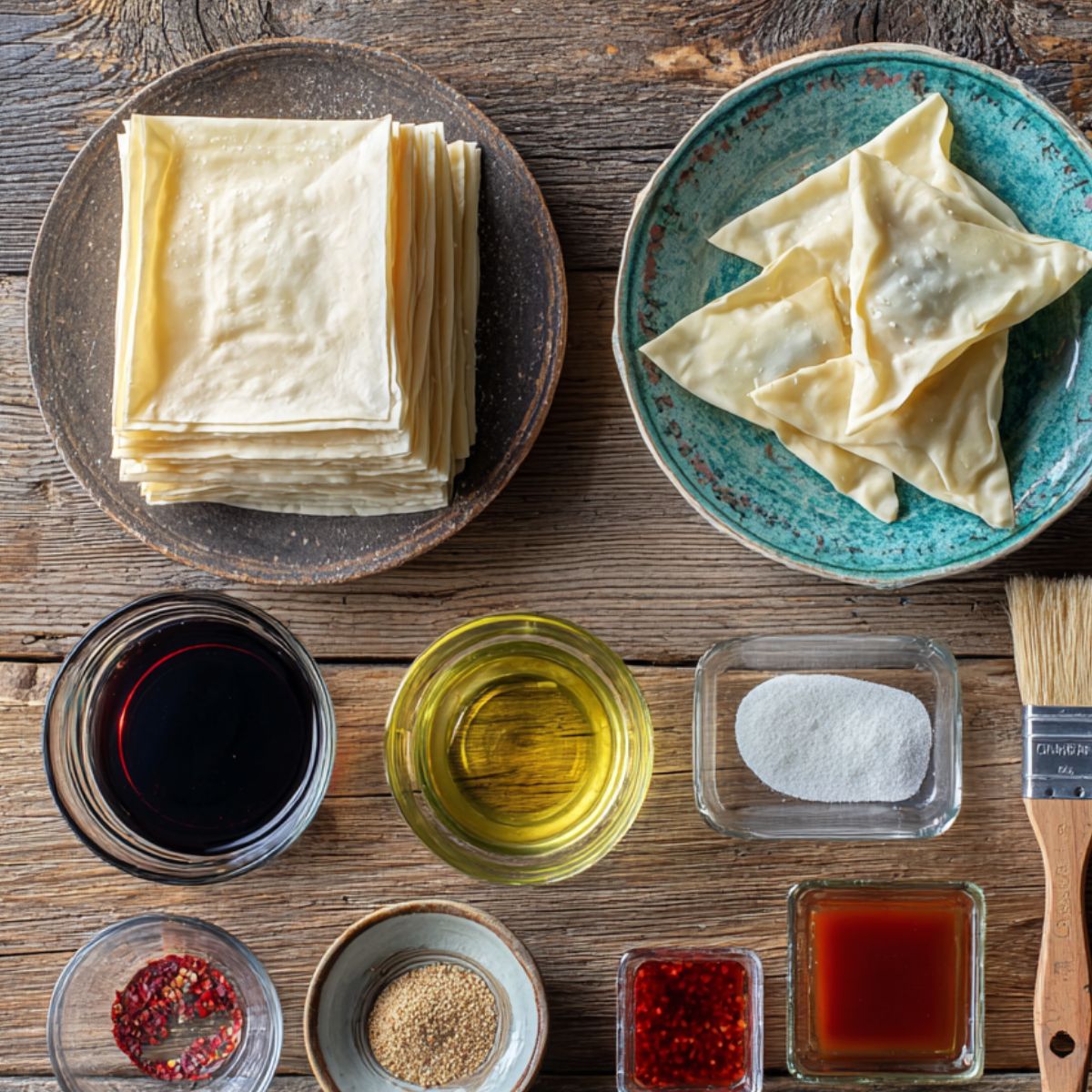 Overhead view of wonton wrappers, folded uncooked wontons, oils, sauces, spices, and a pastry brush on a rustic wooden table for homemade Rangoon Crab Bombs.