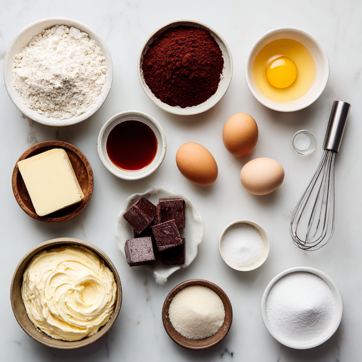 Flat lay of baking ingredients for homemade red velvet brownies on a white marble surface, including flour, cocoa powder, eggs, butter, vanilla, sugar, and cream cheese, with a metal whisk placed to the side.