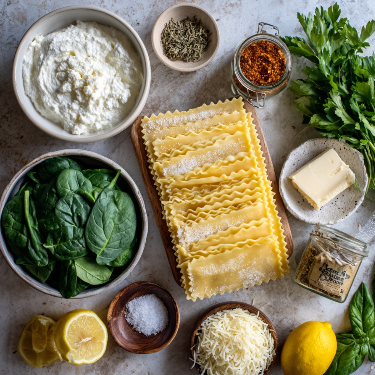Uncooked lasagna noodles, ricotta, spinach, mozzarella, butter, parsley, lemon, dried herbs, Old Bay seasoning, and salt arranged on a rustic kitchen counter for seafood lasagna.