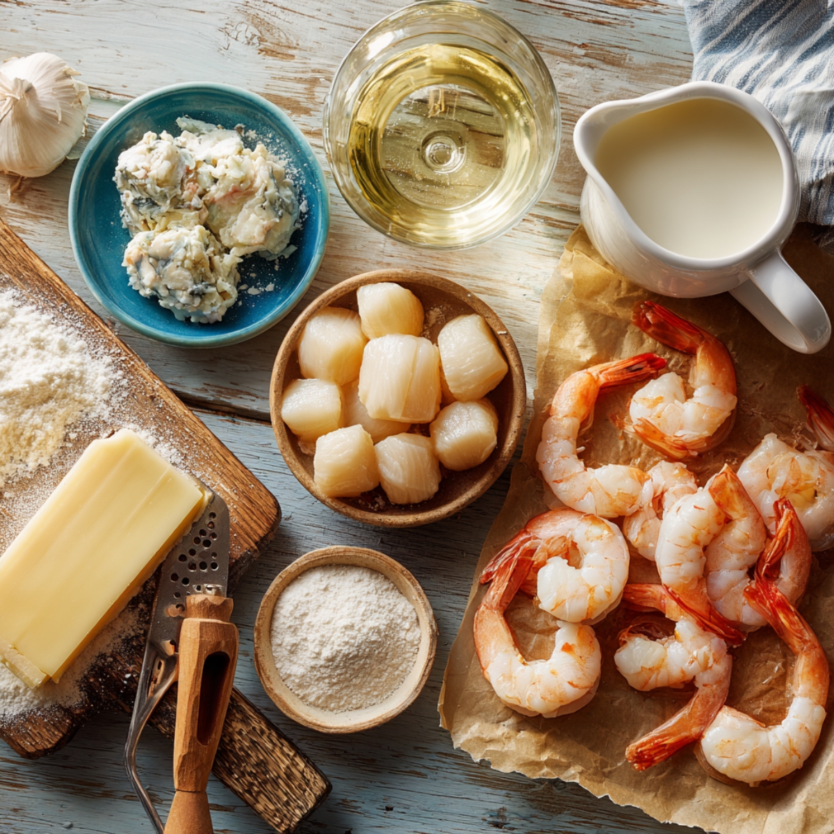 Raw shrimp, scallops, and crab with butter, cream, flour, parmesan, garlic, and white wine arranged on a rustic wooden table for seafood lasagna.