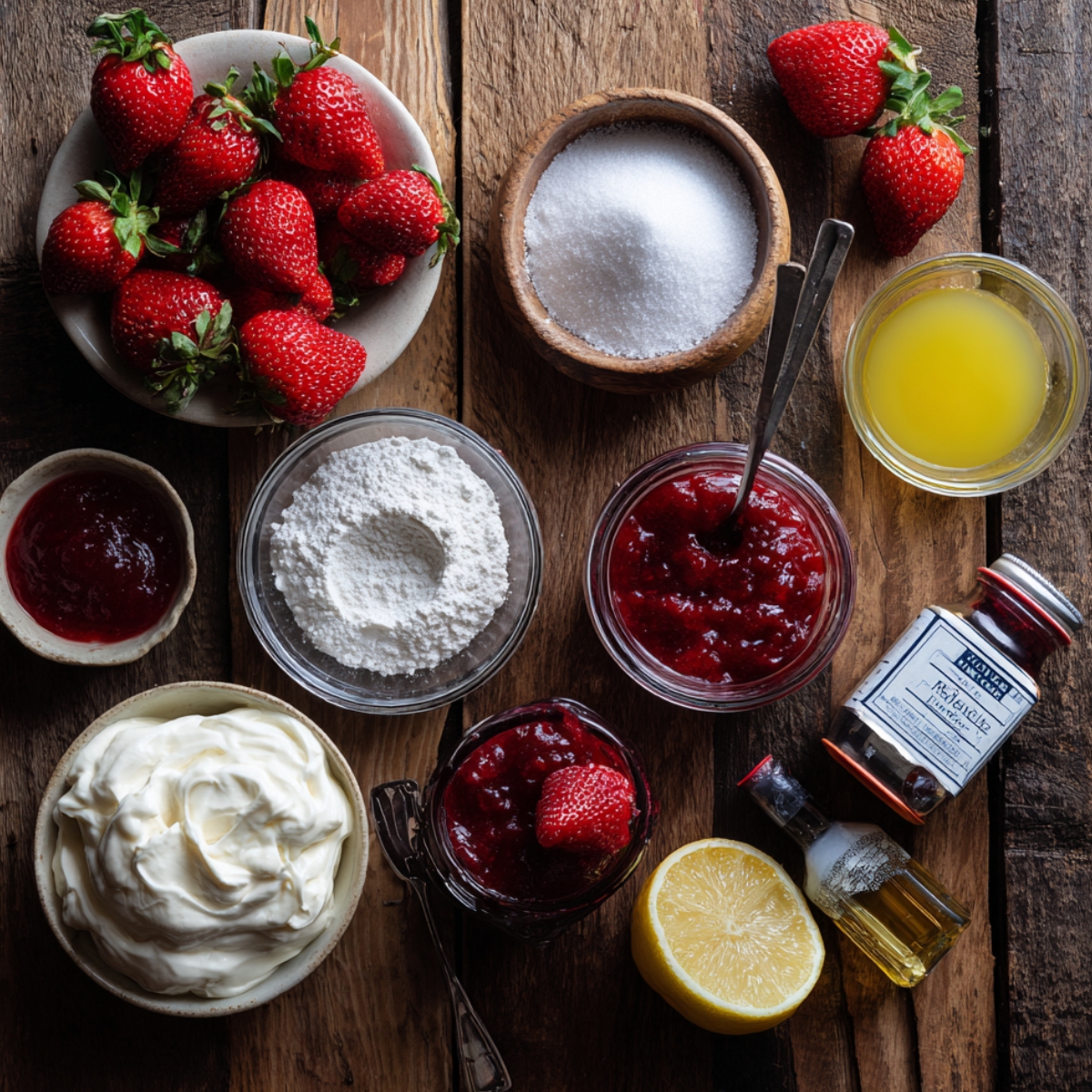 Overhead photo of strawberry tres leches cake ingredients: fresh strawberries, sugar, powdered sugar, jam, lemon juice, whipped cream, and vanilla on a rustic wooden table.