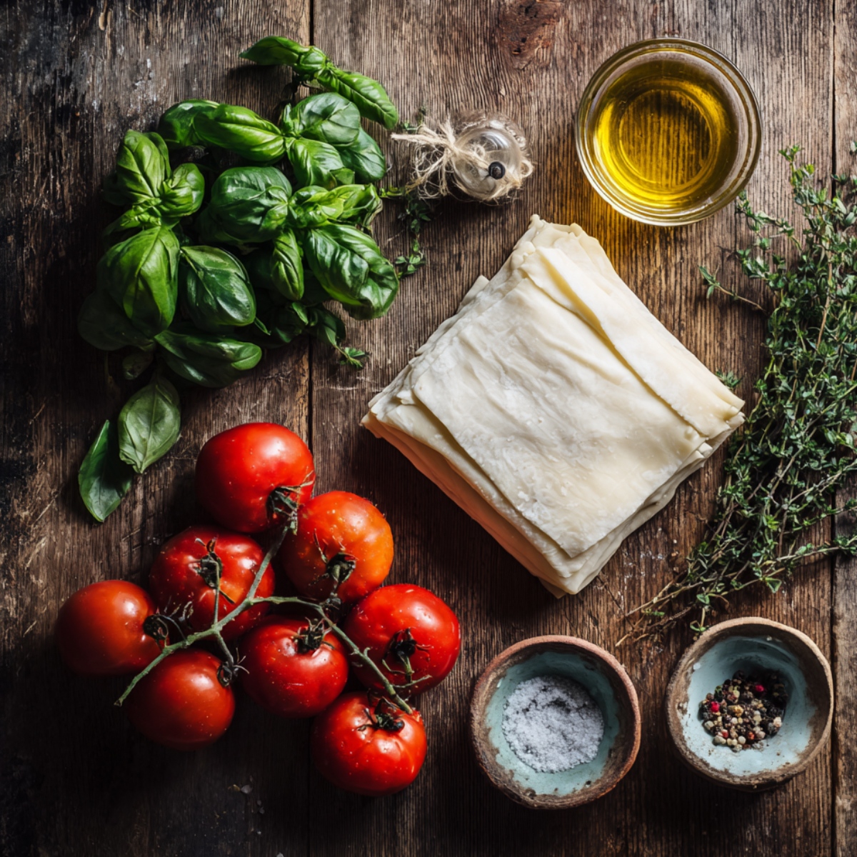Tomato tart ingredients: puff pastry, fresh tomatoes, olive oil, basil, thyme, garlic, salt, and pepper on a rustic table.