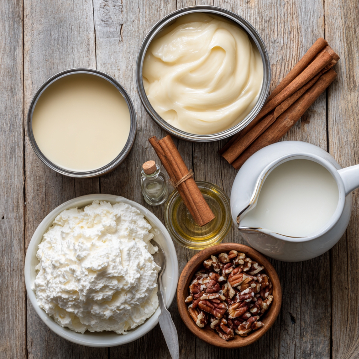 Flat lay of tres leches cinnamon rolls ingredients — evaporated milk, condensed milk, heavy cream, vanilla, whipped cream, cinnamon sticks, and chopped pecans on a rustic wooden table.