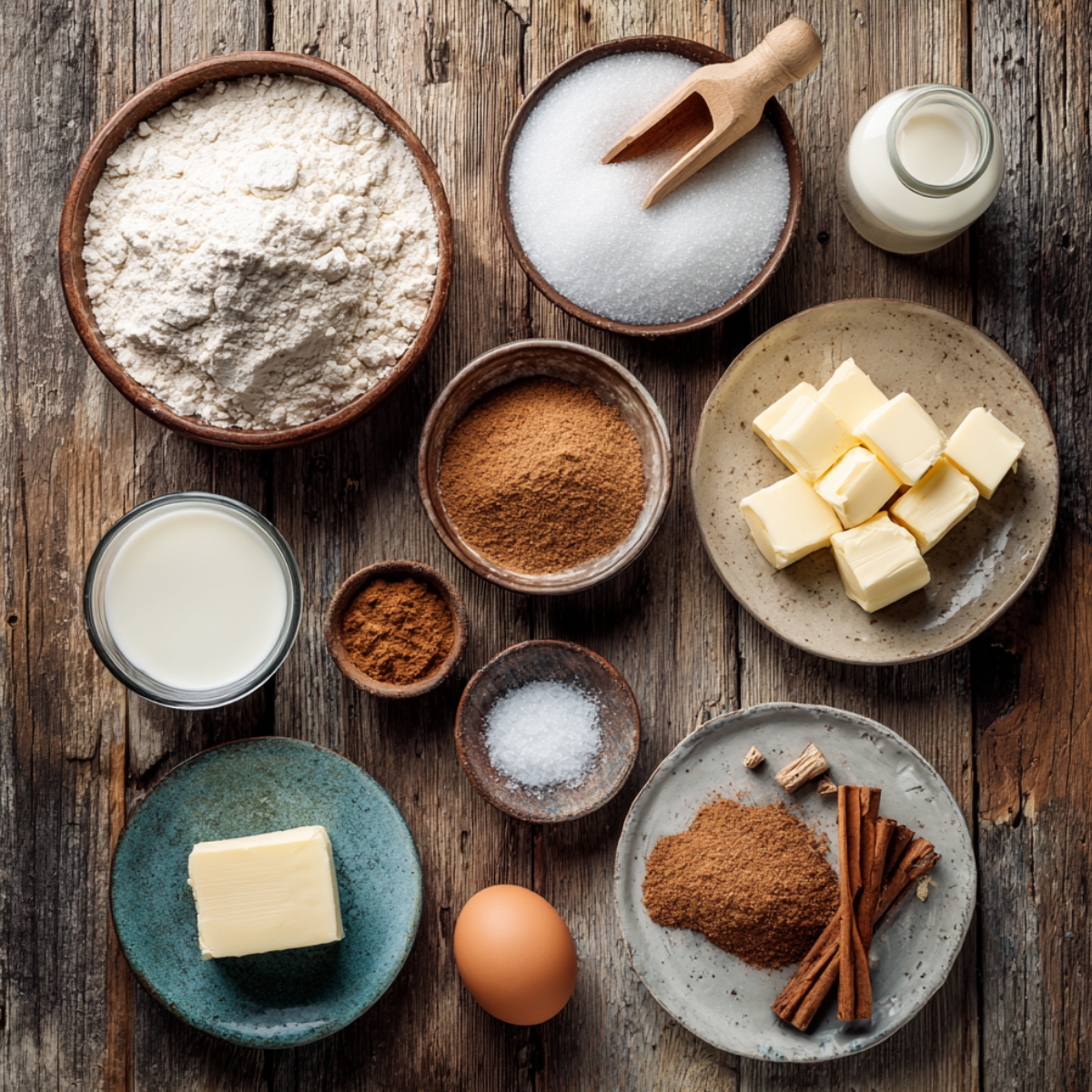 Flat lay of cinnamon roll ingredients — flour, sugar, milk, butter, egg, cinnamon, brown sugar, and salt on rustic wood.